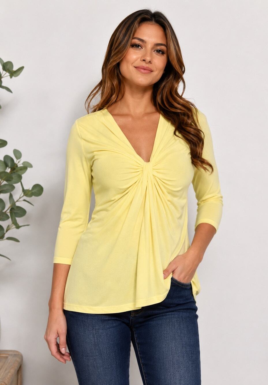 Annabelle Pale Yellow Twist Front Ruched V-Neck Top – Size Large